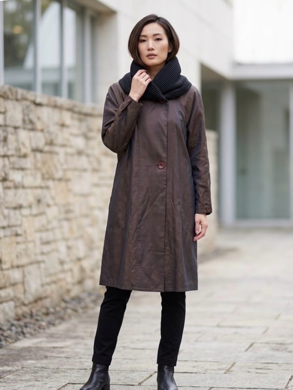 Mycra Pac Now One Reversible Raincoat Women S/M Black Brown Hooded Pleated Shawl